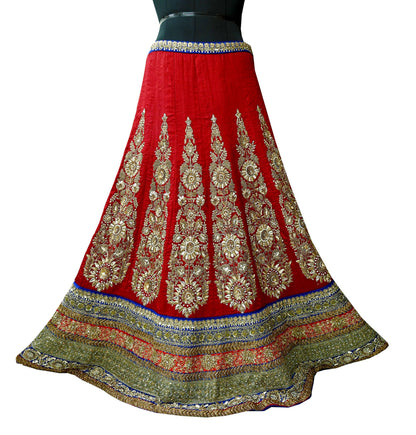 Indian Pre-owned Heavy Red & Blue Pure Chanderi Silk/Net Hand Embroidered Lehenga 3pcs Set By Designer Sabyasachi Bridal Wear With Blouse