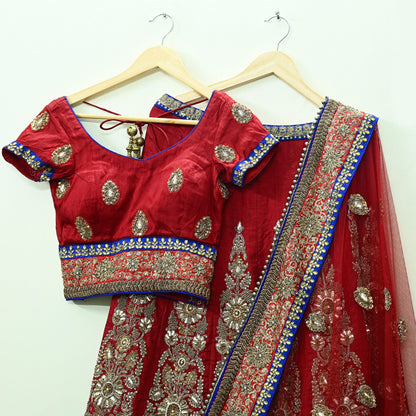 Indian Pre-owned Heavy Red & Blue Pure Chanderi Silk/Net Hand Embroidered Lehenga 3pcs Set By Designer Sabyasachi Bridal Wear With Blouse