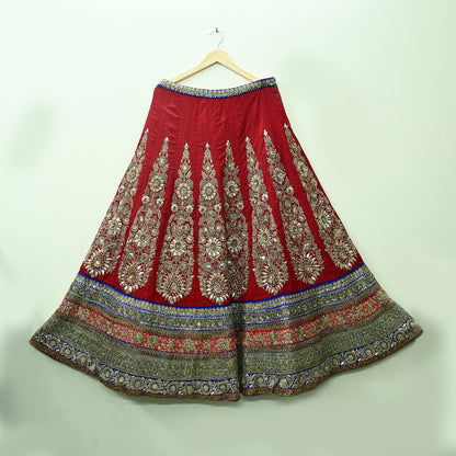 Indian Vintage Heavy Red Pure chanderi Silk Hand Embroidered Lehenga Skirt By Designer Sabyasachi Bridal Wear Dabka/ Zardozi