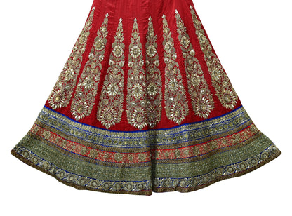 Indian Vintage Heavy Red Pure chanderi Silk Hand Embroidered Lehenga Skirt By Designer Sabyasachi Bridal Wear Dabka/ Zardozi