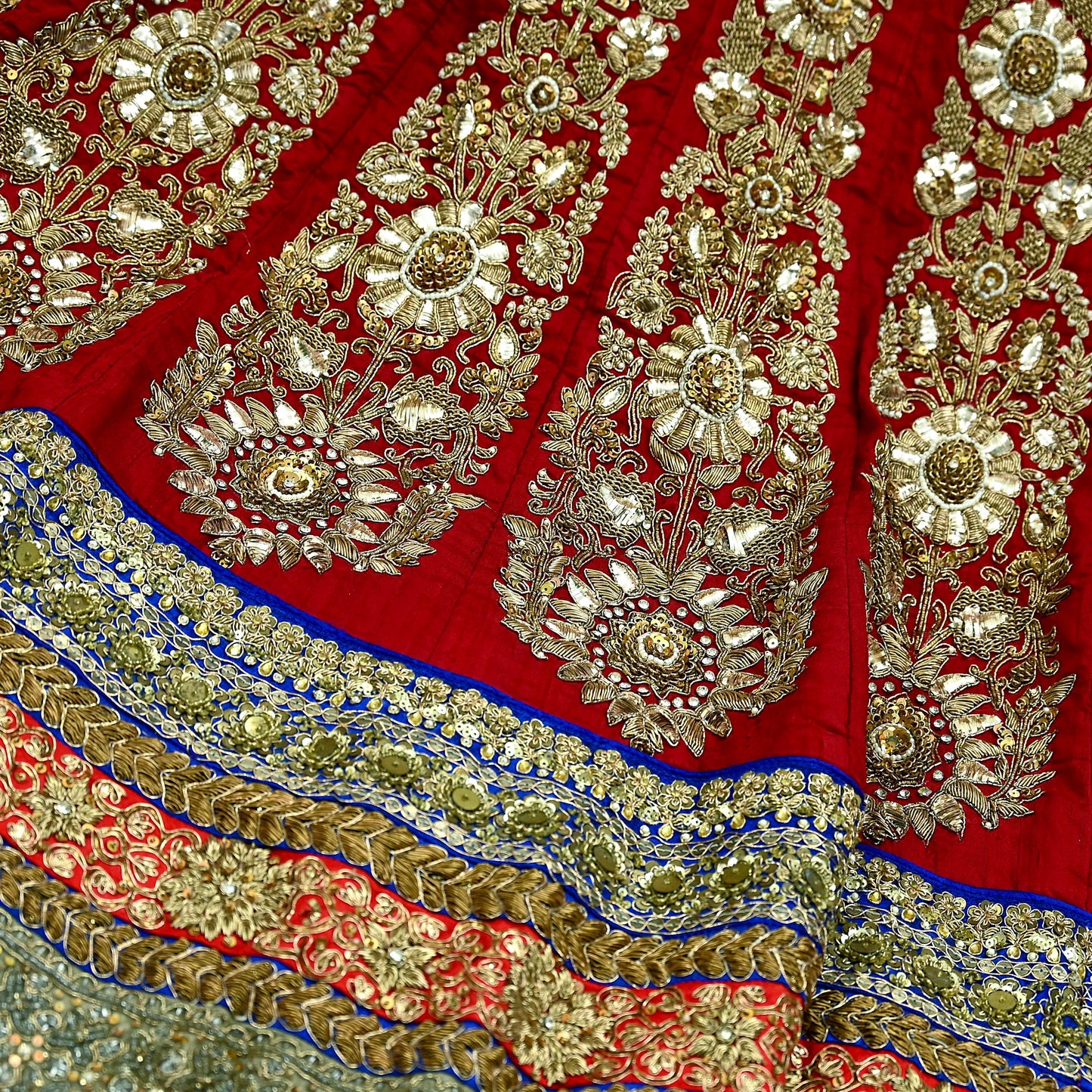 Indian Vintage Heavy Red Pure chanderi Silk Hand Embroidered Lehenga Skirt By Designer Sabyasachi Bridal Wear Dabka/ Zardozi