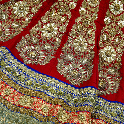 Indian Vintage Heavy Red Pure chanderi Silk Hand Embroidered Lehenga Skirt By Designer Sabyasachi Bridal Wear Dabka/ Zardozi