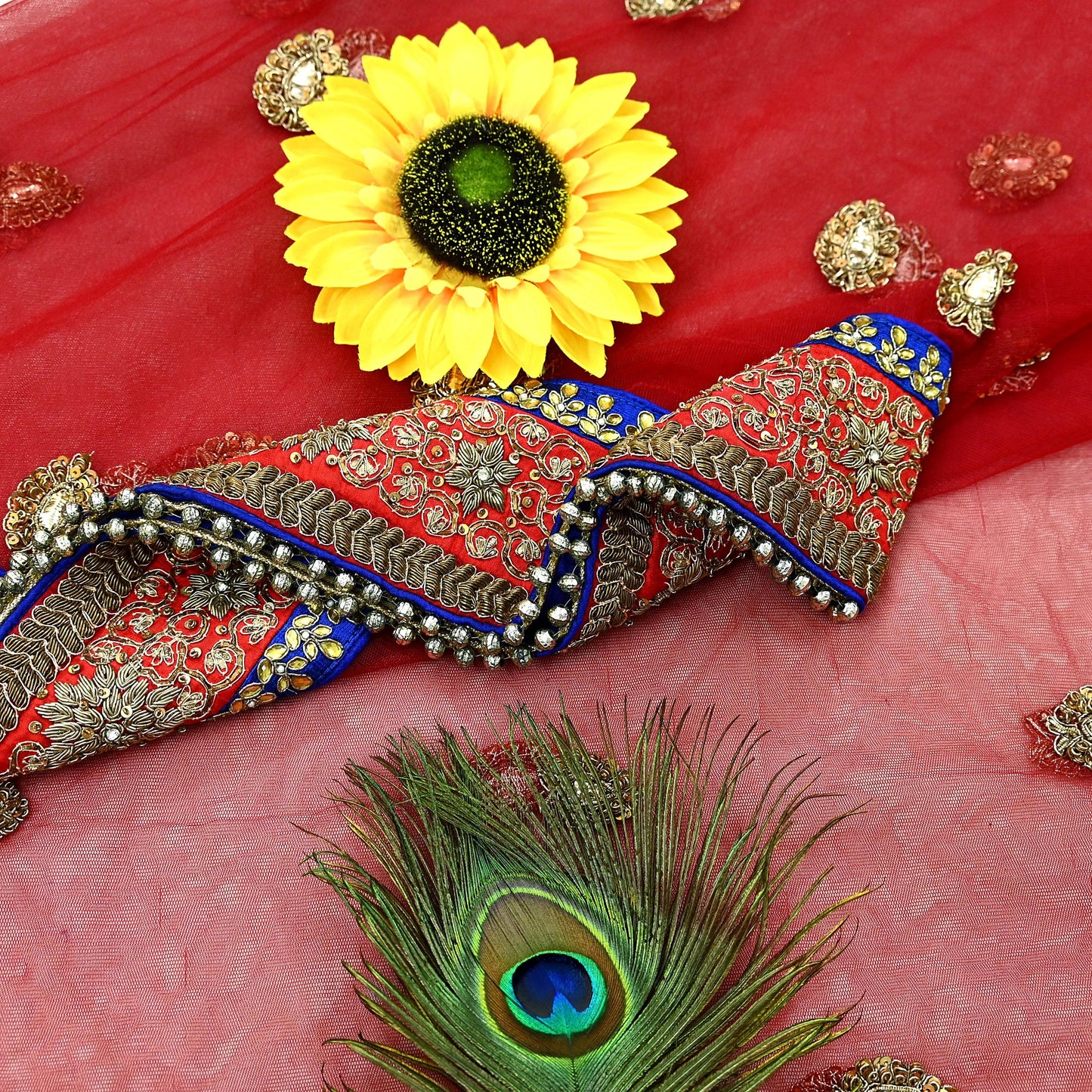 Indian Vintage Heavy Wedding Dupatta Red Net Long Stole Hand Embroidered By Designer Sabyasachi Scarves Zardozi Bridal Veil