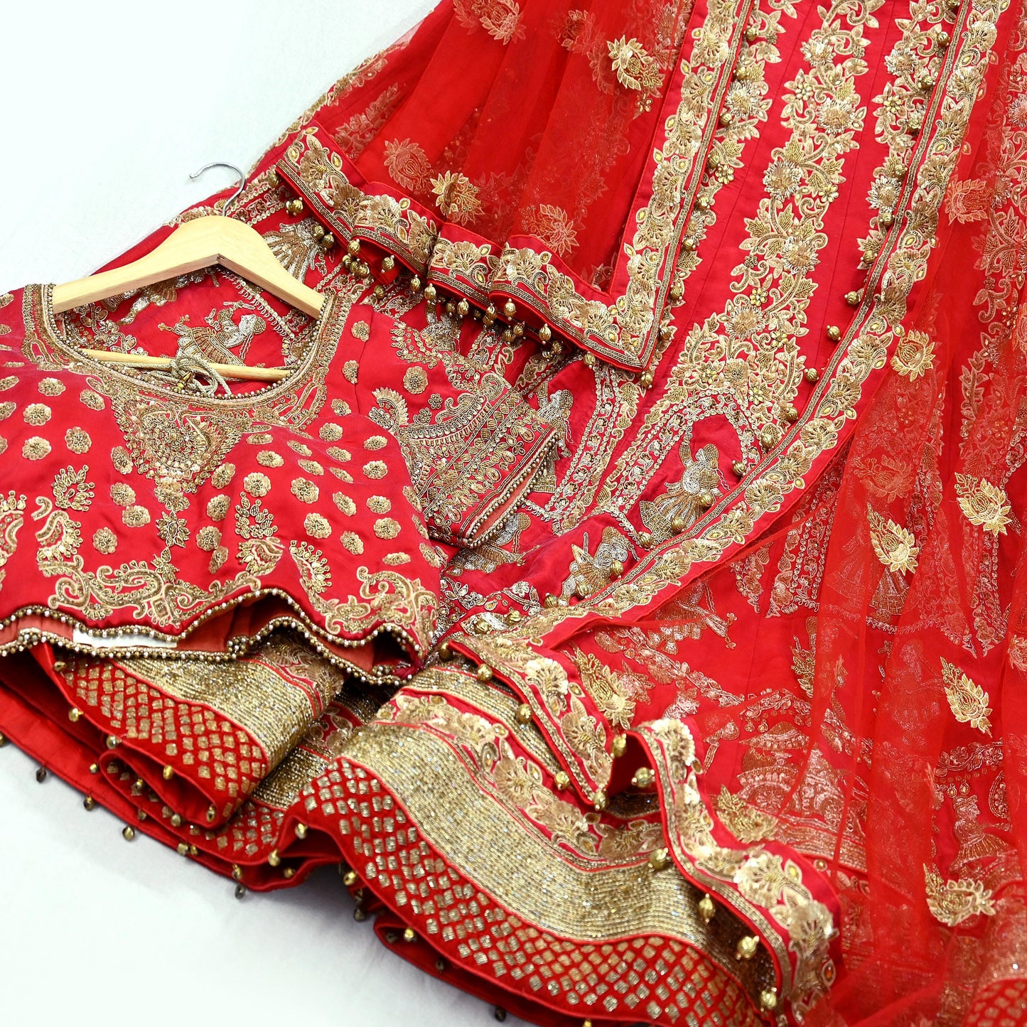 Indian Heavy Wedding Red Net/Pure Satin Silk Hand Embroidered Lehenga 3pcs Set Designer By Manish Malhotra Party Wear