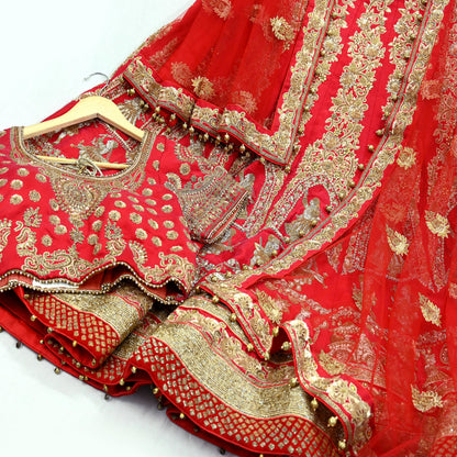 Indian Heavy Wedding Red Net/Pure Satin Silk Hand Embroidered Lehenga 3pcs Set Designer By Manish Malhotra Party Wear