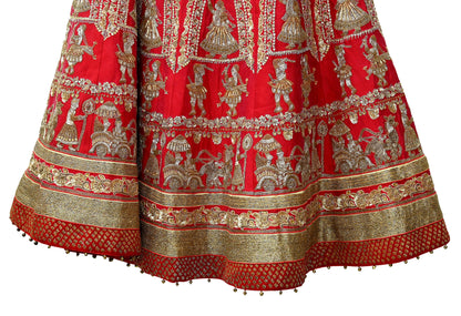 Indian Heavy Wedding Red Pure Satin Silk Hand Embroidered Lehenga/Skirt Designer By Manish Malhotra Bridal Wear Zardozi/ Dabka