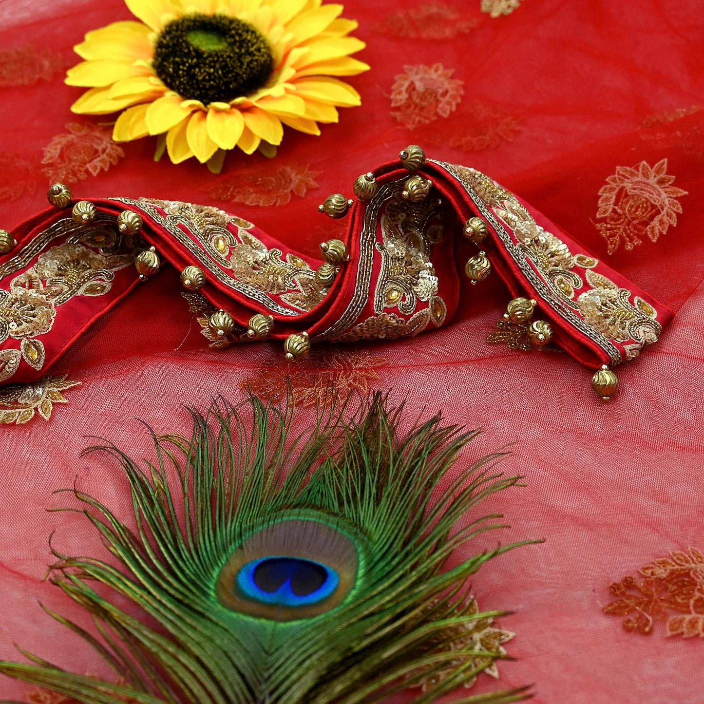 Indian Vintage Heavy Wedding Red Net/Mesh/ Velvet Hand Embroidered Dupatta Designer By Manish Malhotra Bridal Wear Zardozi Veil Hijab