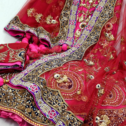 Indian Heavy Wedding Pink & Maroon Net/Mesh Hand Embroidered Lehenga 3pcs Set Designer By Anamika Khanna Party Wear