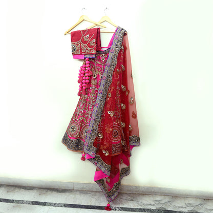 Indian Heavy Wedding Pink & Maroon Net/Mesh Hand Embroidered Lehenga 3pcs Set Designer By Anamika Khanna Party Wear