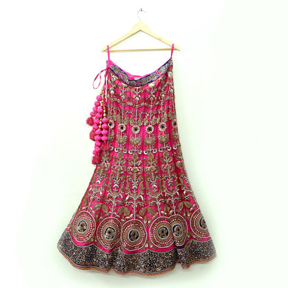 Indian Heavy Wedding Pink & Maroon Net/Mesh Hand Embroidered Lehenga 3pcs Set Designer By Anamika Khanna Party Wear