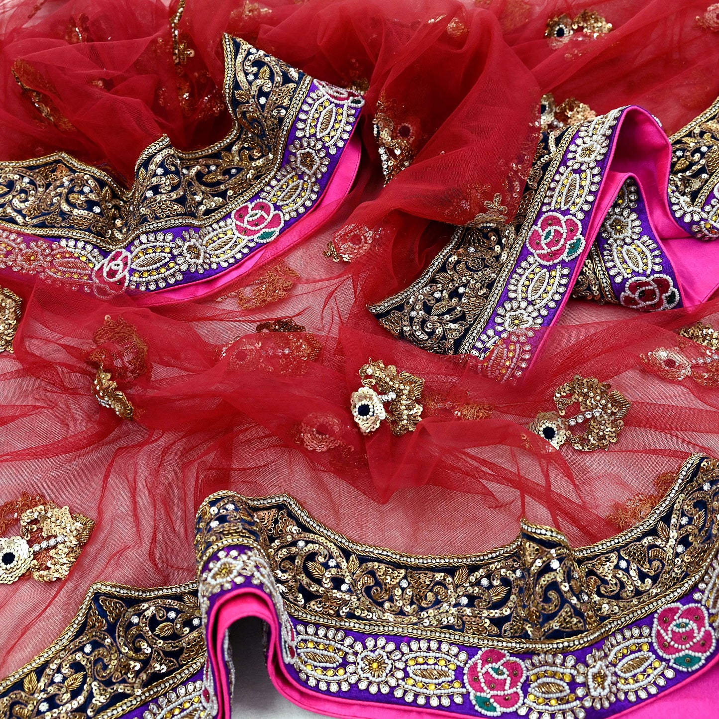 Indian Vintage Heavy Wedding Maroon Net/Mesh/Velvet Hand Embroidered Dupatta Designer By Anamika Khanna Bridal Wear Dabka Zardozi Veil Hijab