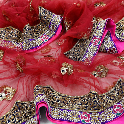 Indian Vintage Heavy Wedding Maroon Net/Mesh/Velvet Hand Embroidered Dupatta Designer By Anamika Khanna Bridal Wear Dabka Zardozi Veil Hijab