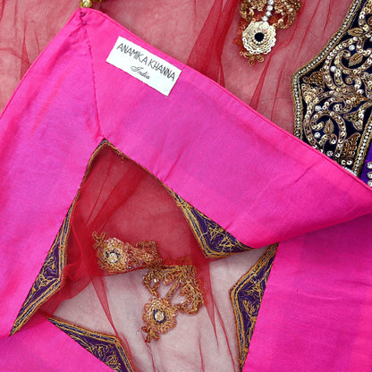 Indian Vintage Heavy Wedding Maroon Net/Mesh/Velvet Hand Embroidered Dupatta Designer By Anamika Khanna Bridal Wear Dabka Zardozi Veil Hijab