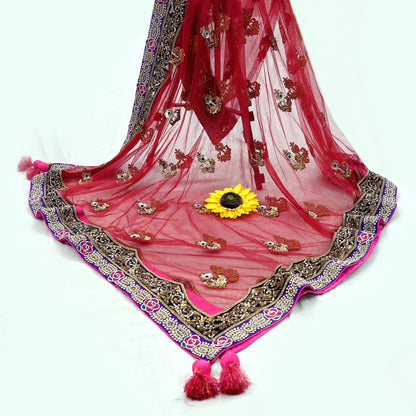 Indian Vintage Heavy Wedding Maroon Net/Mesh/Velvet Hand Embroidered Dupatta Designer By Anamika Khanna Bridal Wear Dabka Zardozi Veil Hijab