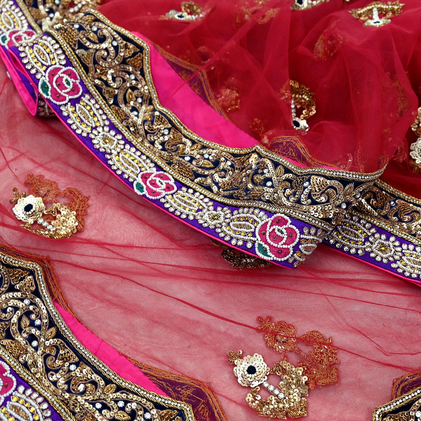 Indian Vintage Heavy Wedding Maroon Net/Mesh/Velvet Hand Embroidered Dupatta Designer By Anamika Khanna Bridal Wear Dabka Zardozi Veil Hijab