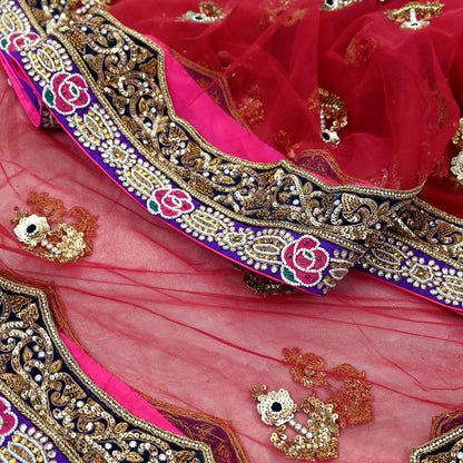 Indian Vintage Heavy Wedding Maroon Net/Mesh/Velvet Hand Embroidered Dupatta Designer By Anamika Khanna Bridal Wear Dabka Zardozi Veil Hijab