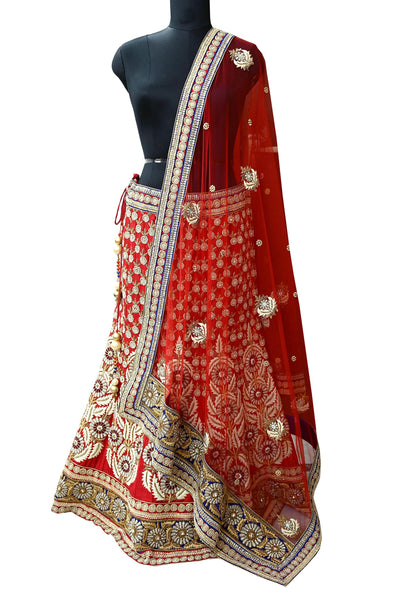 Indian Heavy Hand Embroidered Designer Lehenga Set 2-Piece Anamika Khanna Red Net And Chanderi Silk New Condition