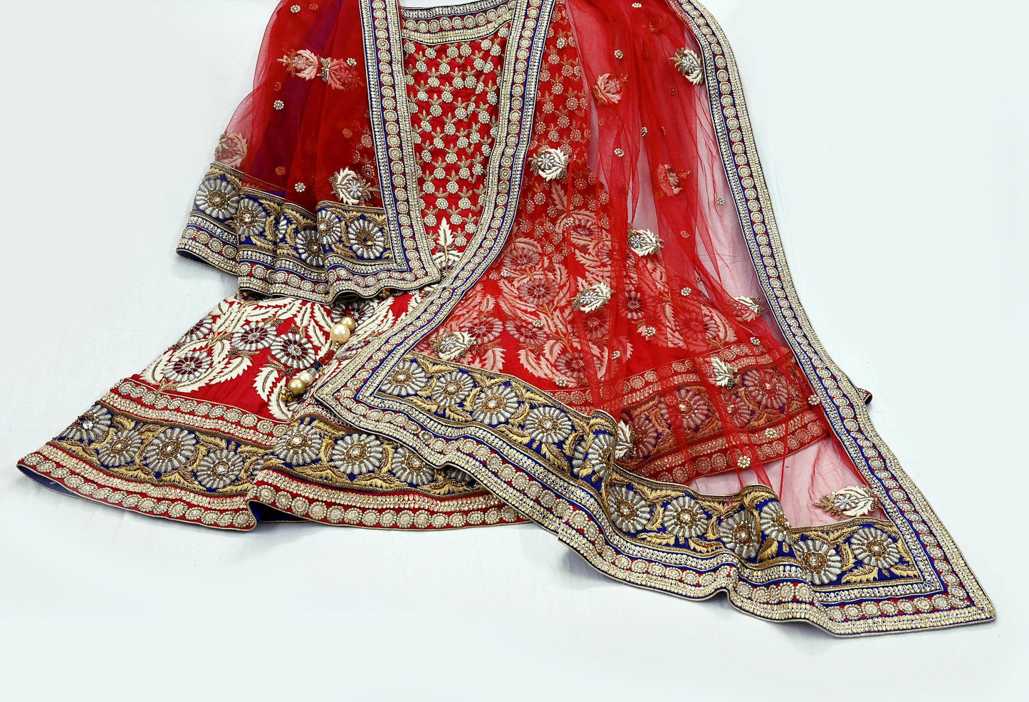 Indian Heavy Hand Embroidered Designer Lehenga Set 2-Piece Anamika Khanna Red Net And Chanderi Silk New Condition