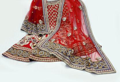 Indian Heavy Hand Embroidered Designer Lehenga Set 2-Piece Anamika Khanna Red Net And Chanderi Silk New Condition