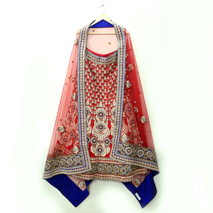 Indian Heavy Hand Embroidered Designer Lehenga Set 2-Piece Anamika Khanna Red Net And Chanderi Silk New Condition