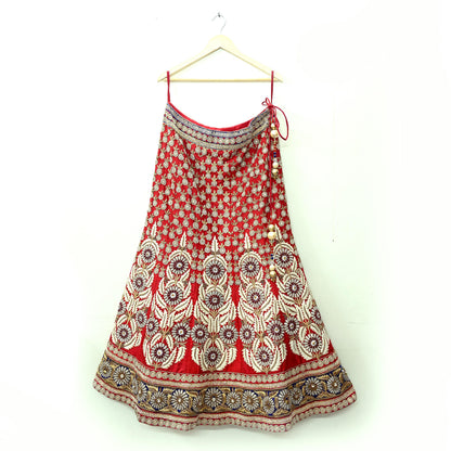 Indian Heavy Hand Embroidered Designer Lehenga Set 2-Piece Anamika Khanna Red Net And Chanderi Silk New Condition