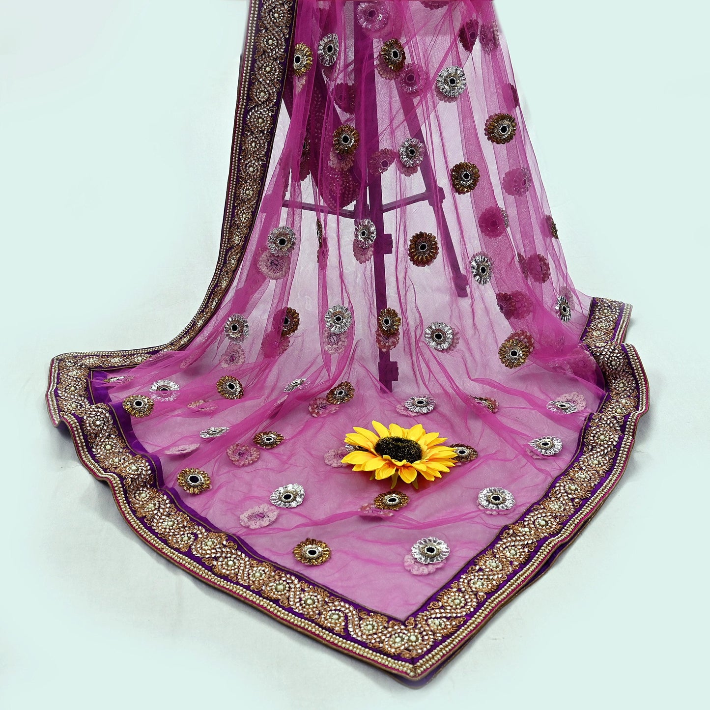 Indian Vintage Heavy Wedding purple Net/Mesh Hand Embroidered Dupatta Designer By Manish Malhotra Bridal Wear Zardozi Veil Hijab