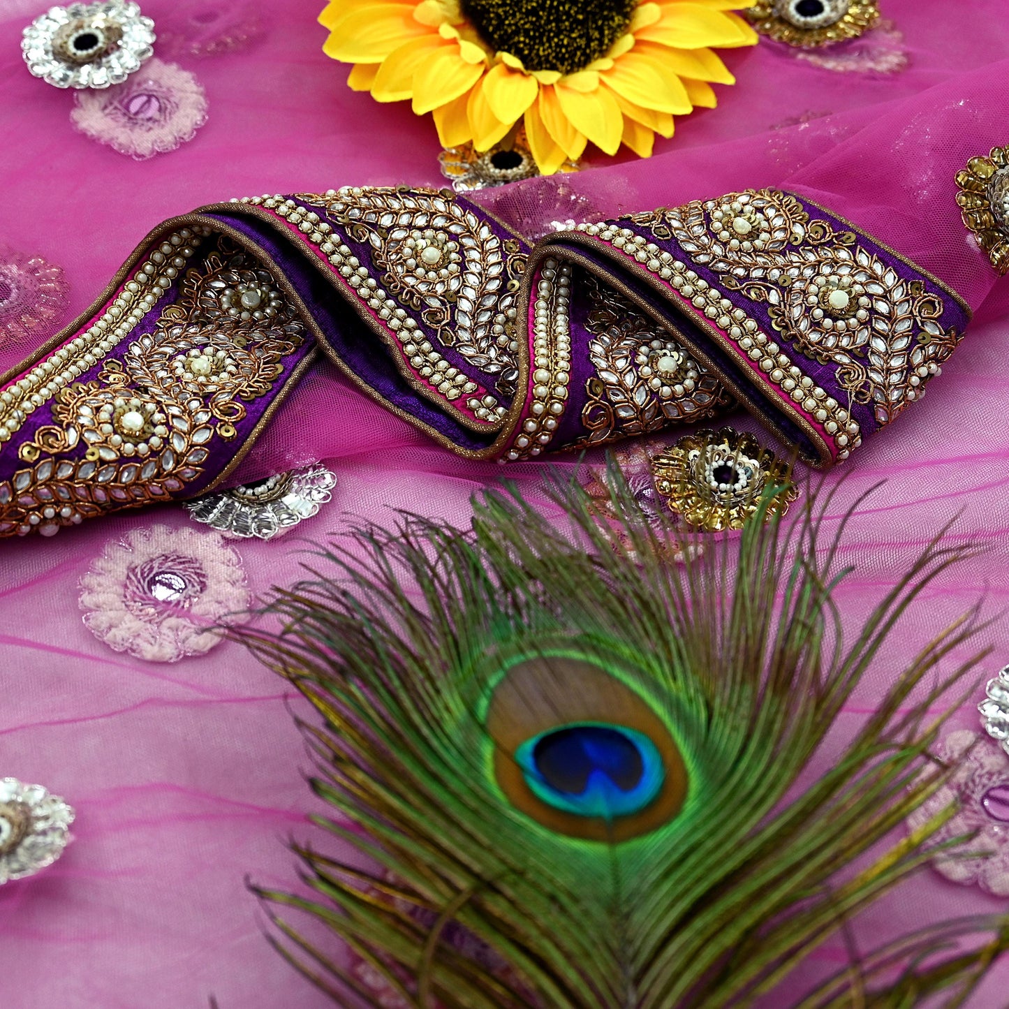 Indian Vintage Heavy Wedding purple Net/Mesh Hand Embroidered Dupatta Designer By Manish Malhotra Bridal Wear Zardozi Veil Hijab