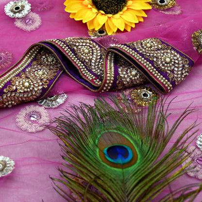 Indian Vintage Heavy Wedding purple Net/Mesh Hand Embroidered Dupatta Designer By Manish Malhotra Bridal Wear Zardozi Veil Hijab