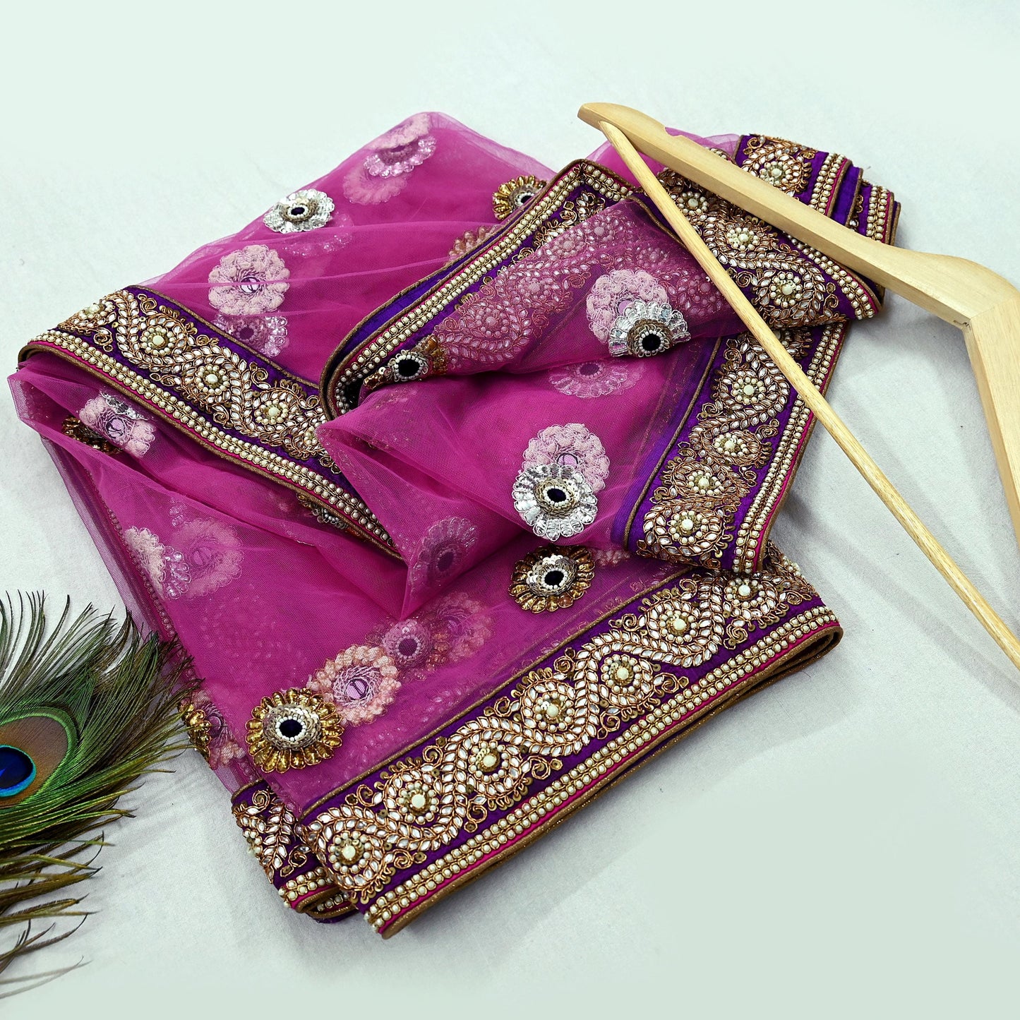 Indian Vintage Heavy Wedding purple Net/Mesh Hand Embroidered Dupatta Designer By Manish Malhotra Bridal Wear Zardozi Veil Hijab