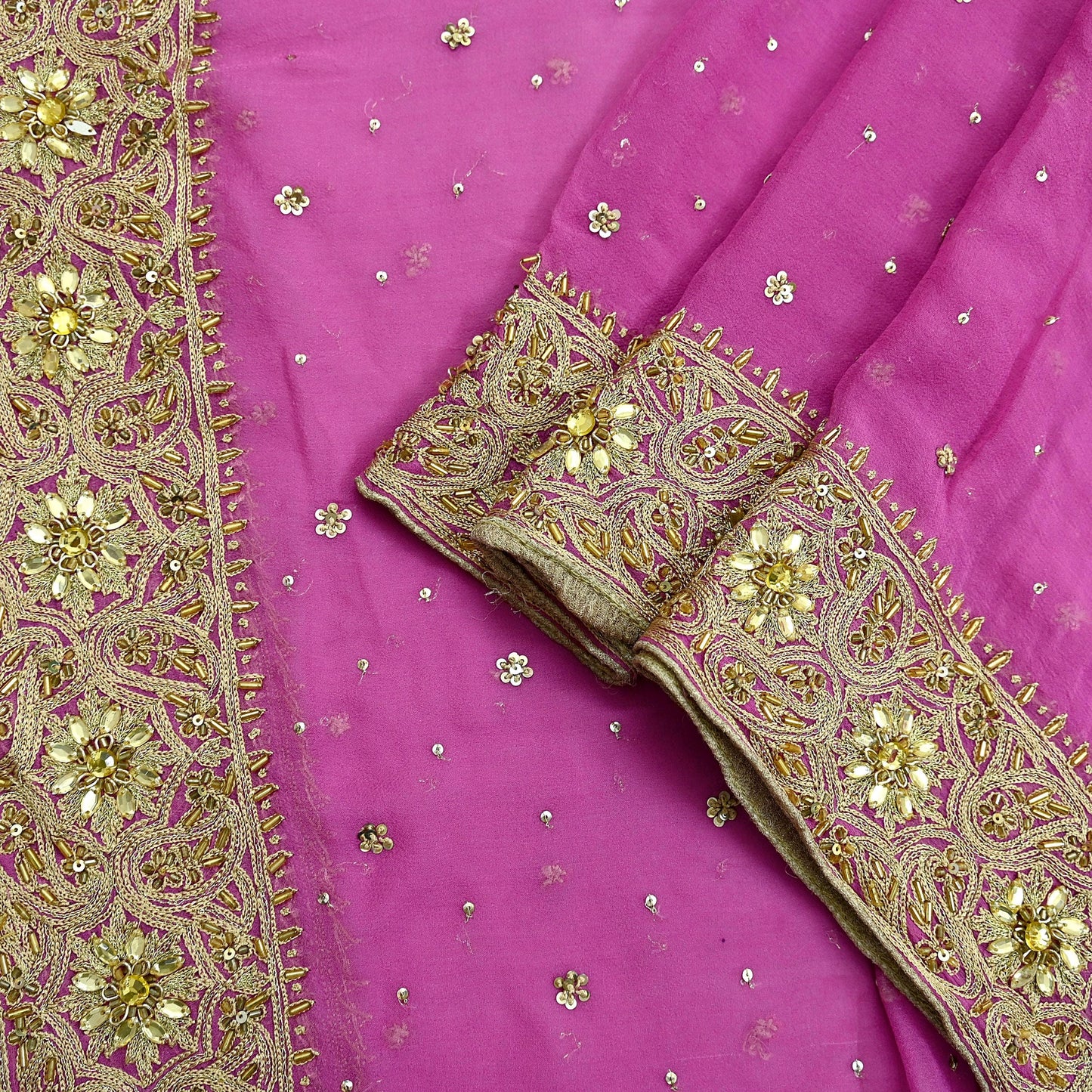 Indian Vintage Pink Dupatta Pure Georgette silk Long Stole Hand Embroidered Scarves Stole Veil Wrap Sequins Dabka/ Zardozi