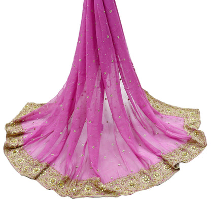 Indian Vintage Pink Dupatta Pure Georgette silk Long Stole Hand Embroidered Scarves Stole Veil Wrap Sequins Dabka/ Zardozi
