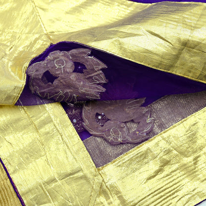 Indian Vintage Blue Dupatta Net Mesh Long Stole Hand Embroidered Scarves Golden Zardozi Zari Sequins Stole