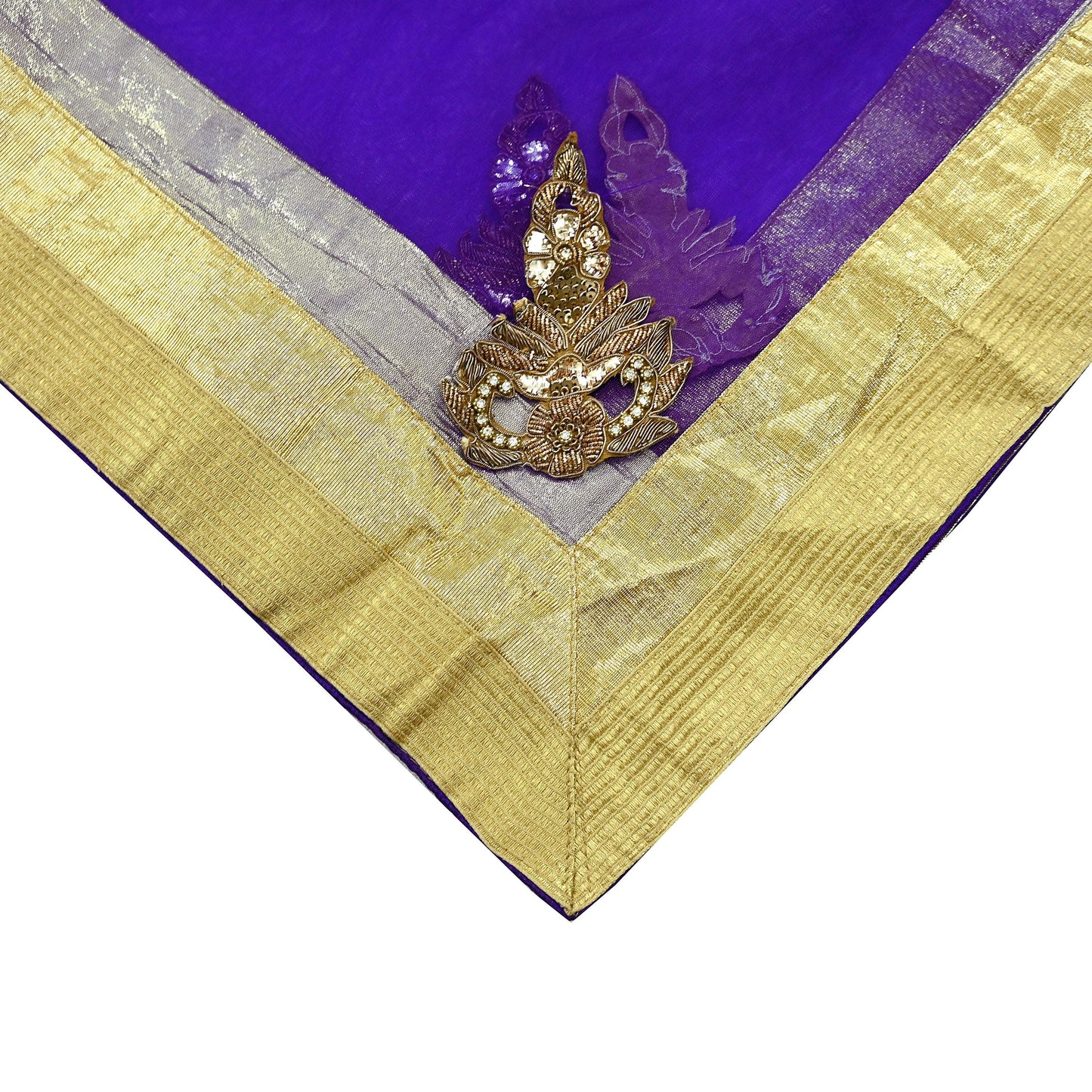 Indian Vintage Blue Dupatta Net Mesh Long Stole Hand Embroidered Scarves Golden Zardozi Zari Sequins Stole