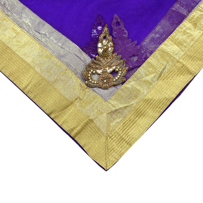 Indian Vintage Blue Dupatta Net Mesh Long Stole Hand Embroidered Scarves Golden Zardozi Zari Sequins Stole