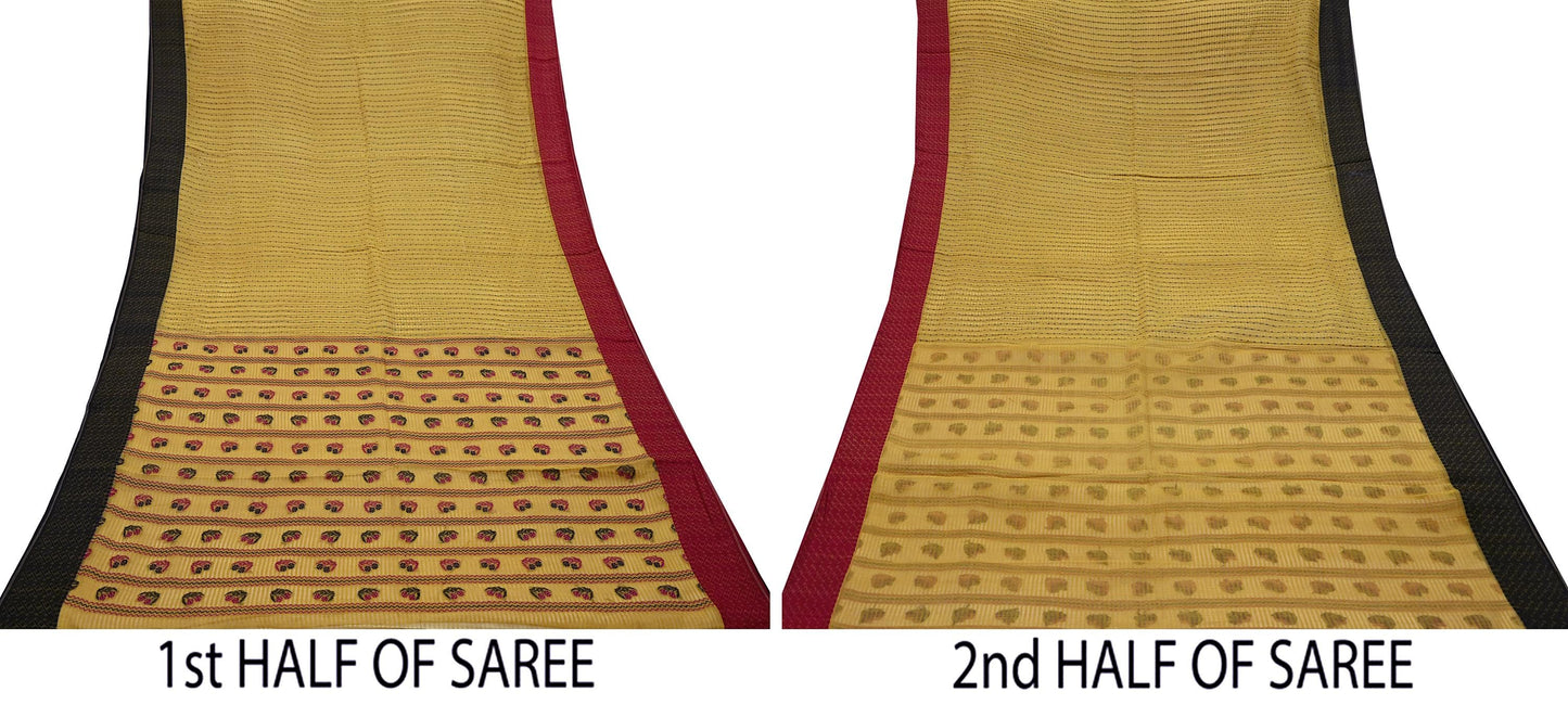 Indian Vintage Sari Mustard Pure Cotton Hand Woven Sarees Craft Fabric 5yd Ethnic Floral Crafting Upcycle Quilting Dress Making