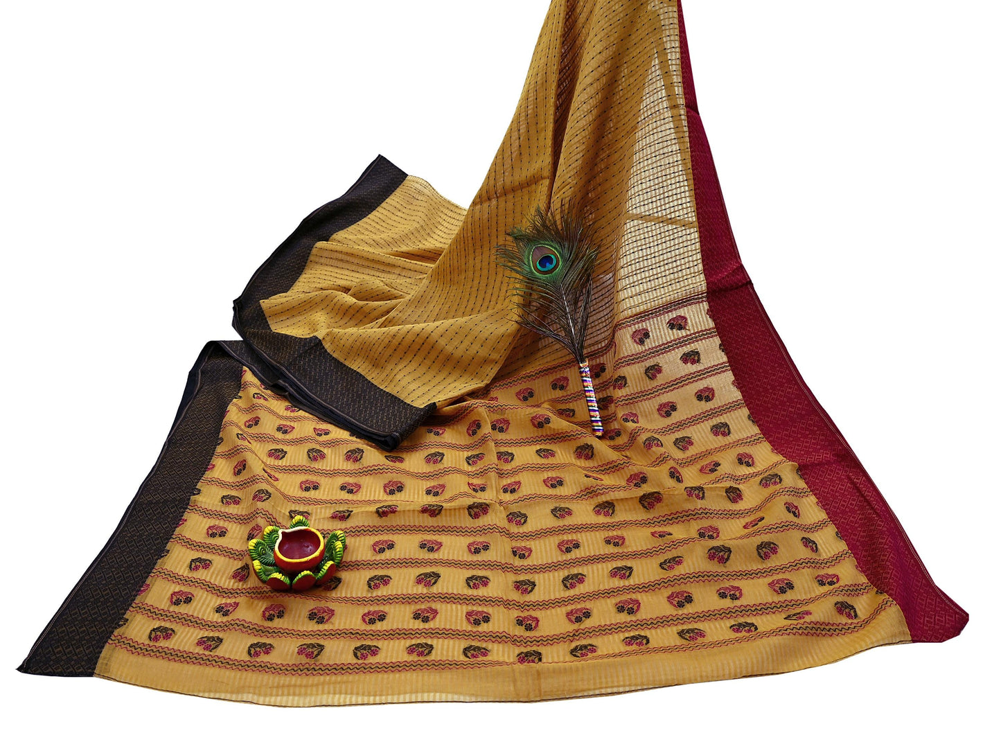 Indian Vintage Sari Mustard Pure Cotton Hand Woven Sarees Craft Fabric 5yd Ethnic Floral Crafting Upcycle Quilting Dress Making