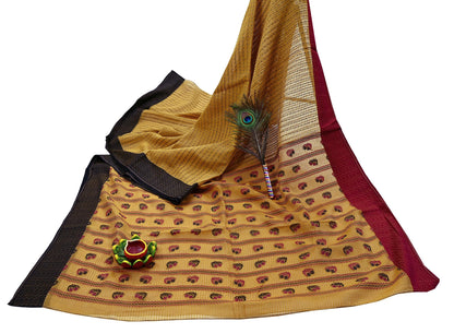 Indian Vintage Sari Mustard Pure Cotton Hand Woven Sarees Craft Fabric 5yd Ethnic Floral Crafting Upcycle Quilting Dress Making