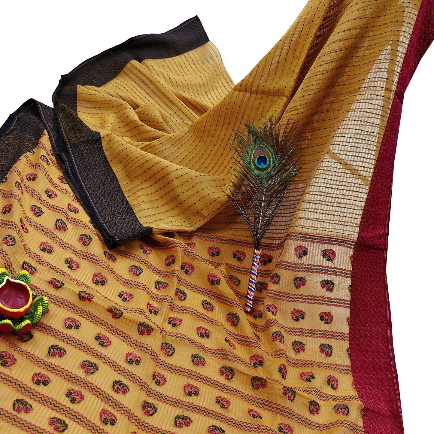 Indian Vintage Sari Mustard Pure Cotton Hand Woven Sarees Craft Fabric 5yd Ethnic Floral Crafting Upcycle Quilting Dress Making