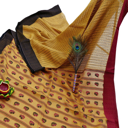 Indian Vintage Sari Mustard Pure Cotton Hand Woven Sarees Craft Fabric 5yd Ethnic Floral Crafting Upcycle Quilting Dress Making