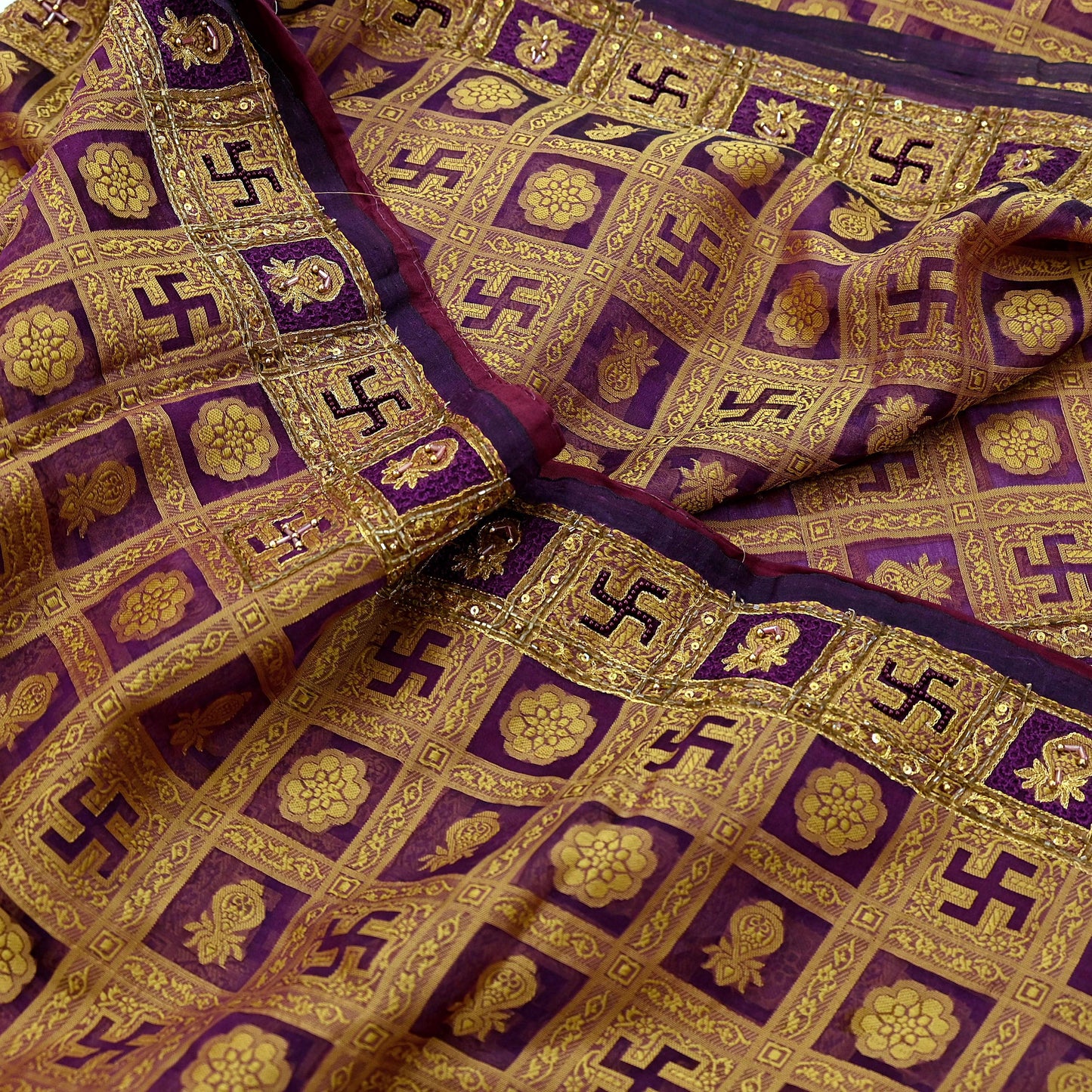 Indian Vintage Sari Purple Hand Embroidered Saree Pure Organza Silk Craft Fabric 5Yd Ethnic Dress Making Crafting Quilting