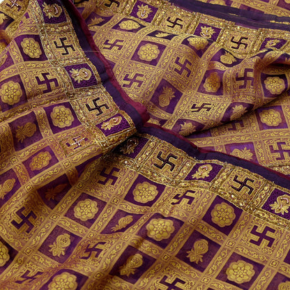 Indian Vintage Sari Purple Hand Embroidered Saree Pure Organza Silk Craft Fabric 5Yd Ethnic Dress Making Crafting Quilting
