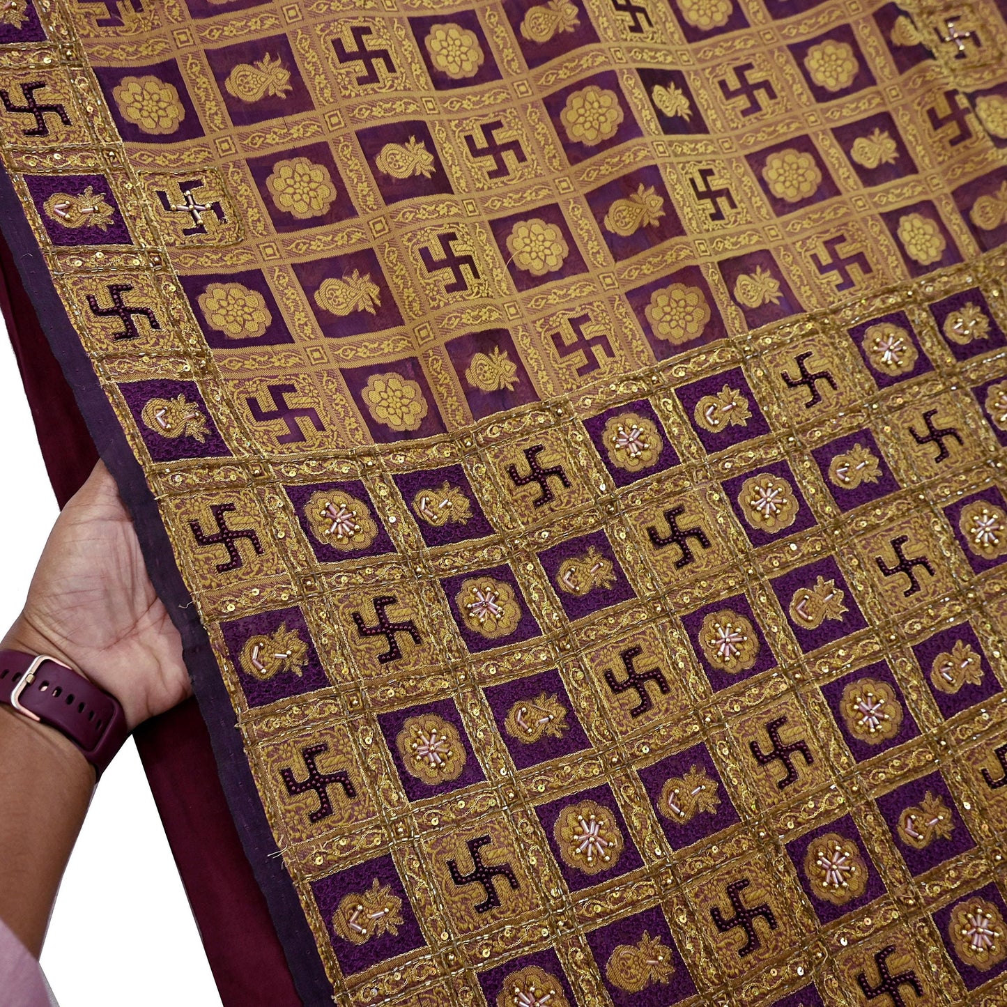 Indian Vintage Sari Purple Hand Embroidered Saree Pure Organza Silk Craft Fabric 5Yd Ethnic Dress Making Crafting Quilting