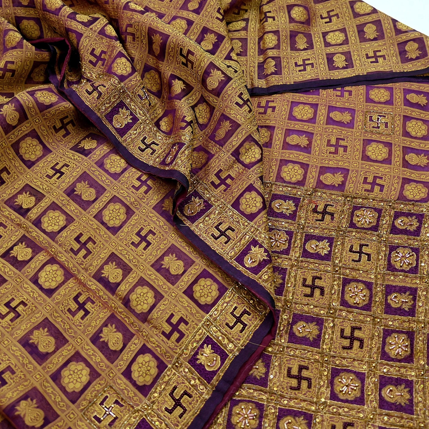 Indian Vintage Sari Purple Hand Embroidered Saree Pure Organza Silk Craft Fabric 5Yd Ethnic Dress Making Crafting Quilting