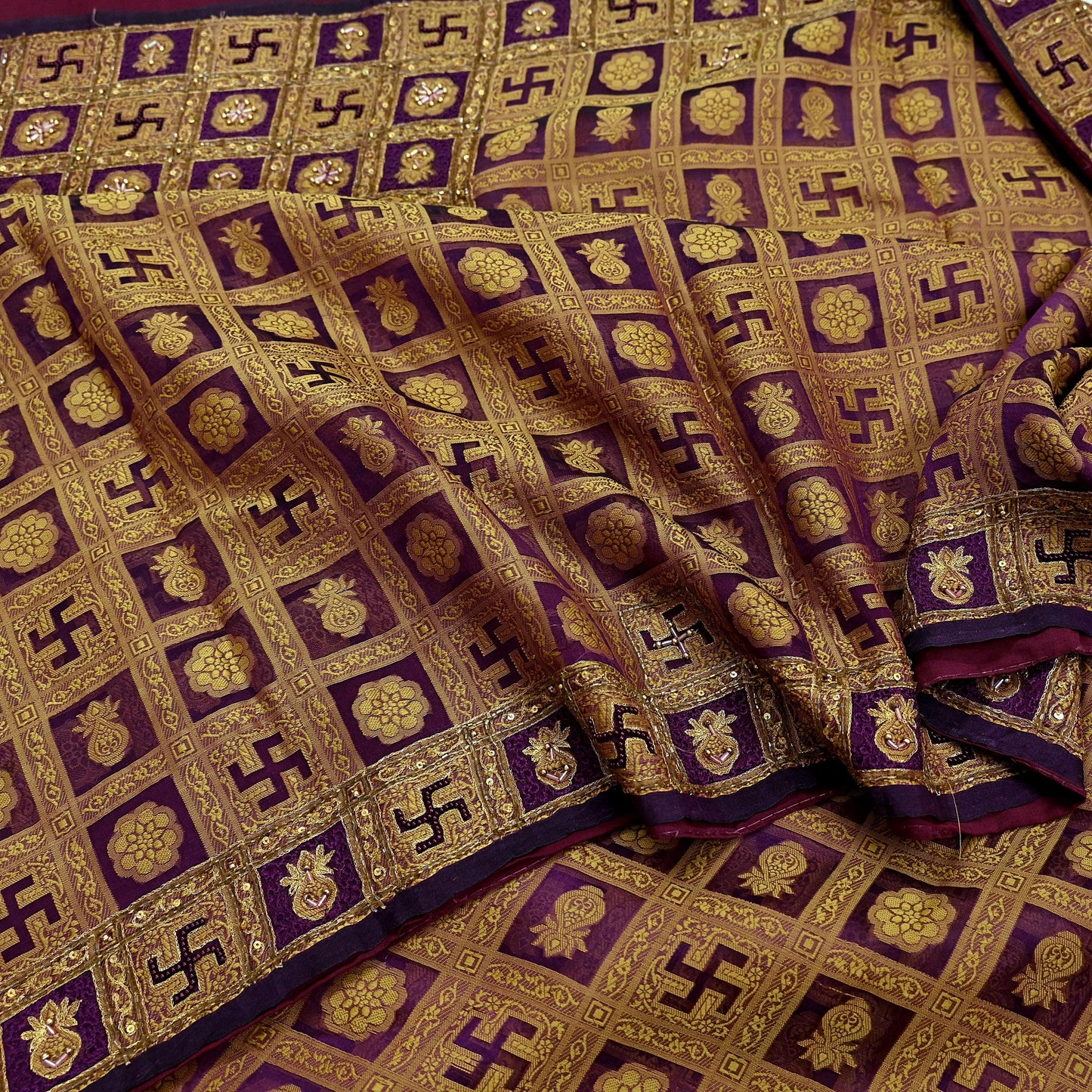 Indian Vintage Sari Purple Hand Embroidered Saree Pure Organza Silk Craft Fabric 5Yd Ethnic Dress Making Crafting Quilting