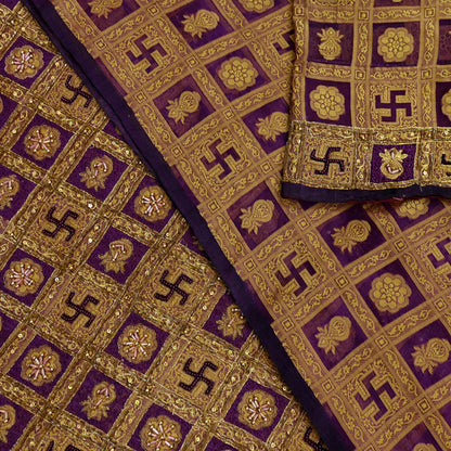 Indian Vintage Sari Purple Hand Embroidered Saree Pure Organza Silk Craft Fabric 5Yd Ethnic Dress Making Crafting Quilting