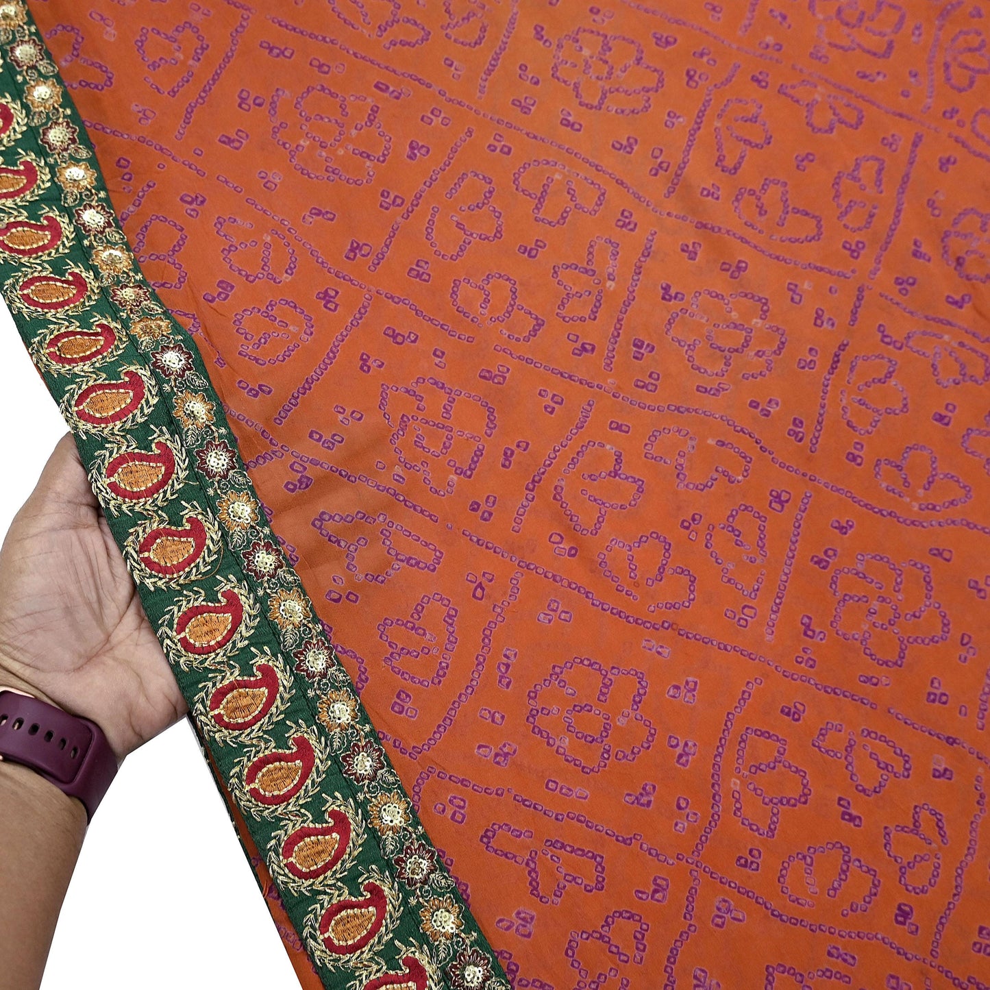 Indian Vintage Orange Saree Pure Georgette Silk Hand Embroidered Bandhani Printed Sari Craft Fabric 5yd Soft Sequins Dress making Crafting