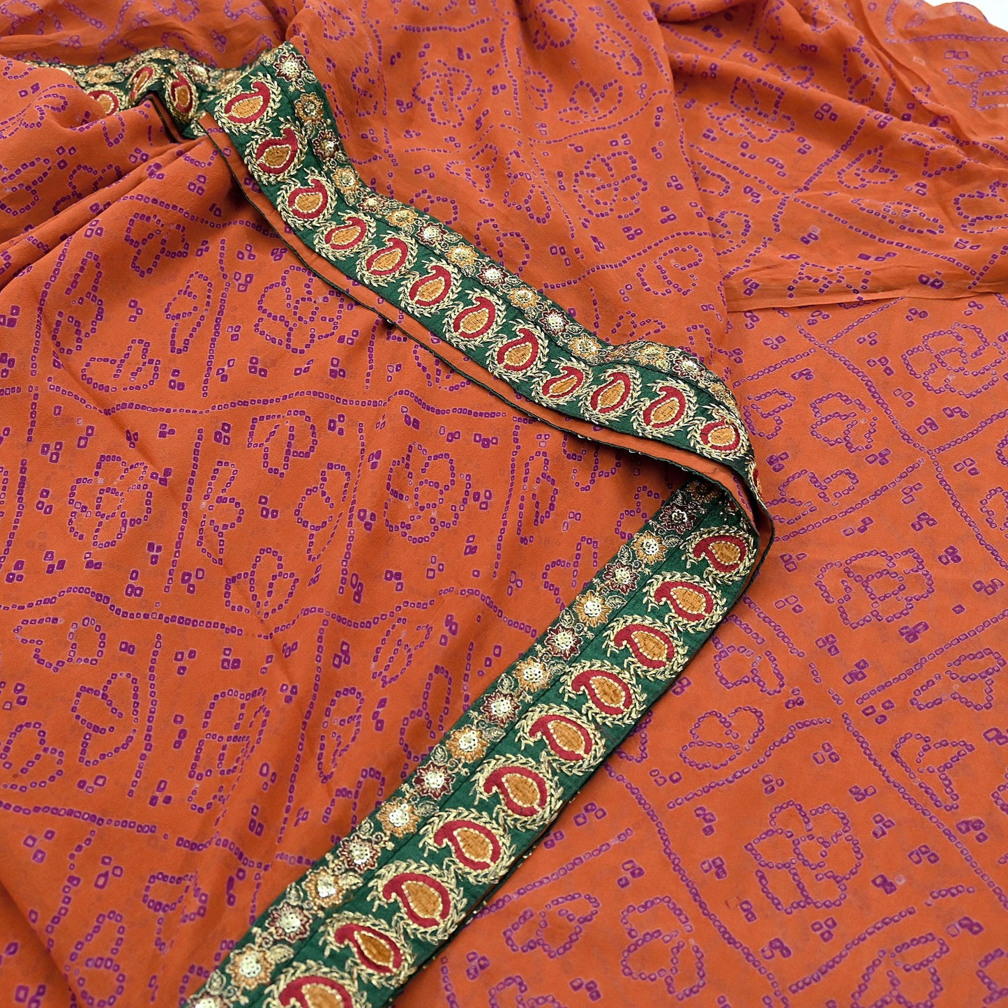 Indian Vintage Orange Saree Pure Georgette Silk Hand Embroidered Bandhani Printed Sari Craft Fabric 5yd Soft Sequins Dress making Crafting