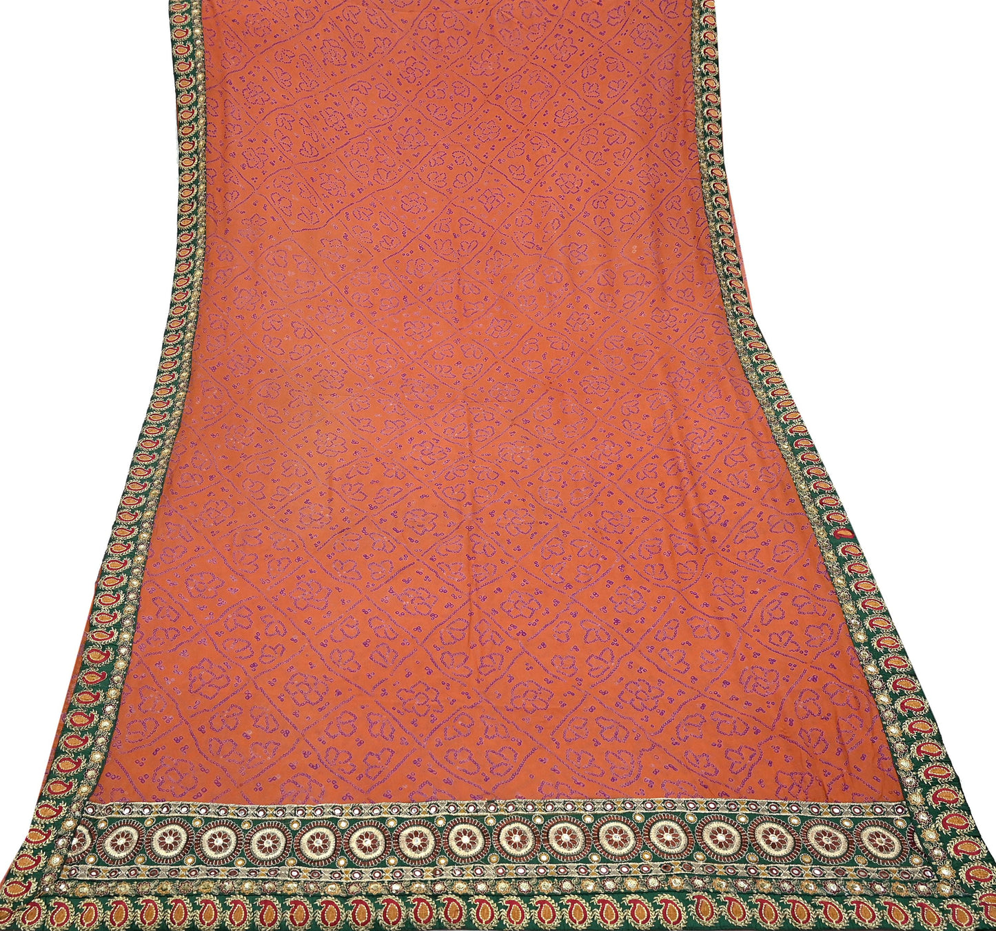 Indian Vintage Orange Saree Pure Georgette Silk Hand Embroidered Bandhani Printed Sari Craft Fabric 5yd Soft Sequins Dress making Crafting