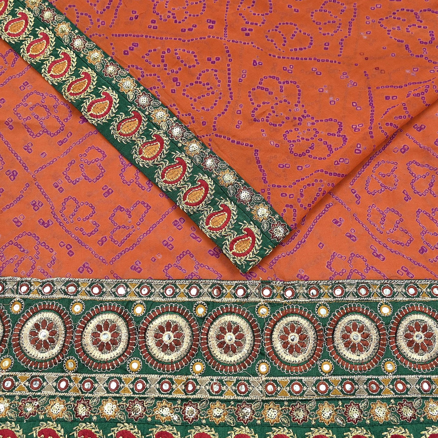 Indian Vintage Orange Saree Pure Georgette Silk Hand Embroidered Bandhani Printed Sari Craft Fabric 5yd Soft Sequins Dress making Crafting