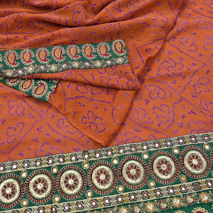 Indian Vintage Orange Saree Pure Georgette Silk Hand Embroidered Bandhani Printed Sari Craft Fabric 5yd Soft Sequins Dress making Crafting